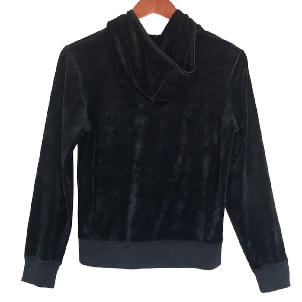 BCBGMaxAzria Black Velour Rhinestone Logo Zip-Up Hooded Jacket Medium - Picture 5 of 13